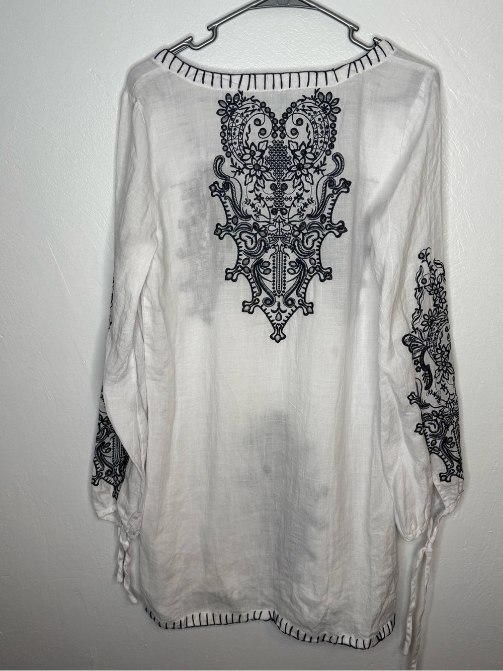 Monoreno Embroidered Linen Tunic Dress White Navy Boho Western Medium - Picture 9 of 12